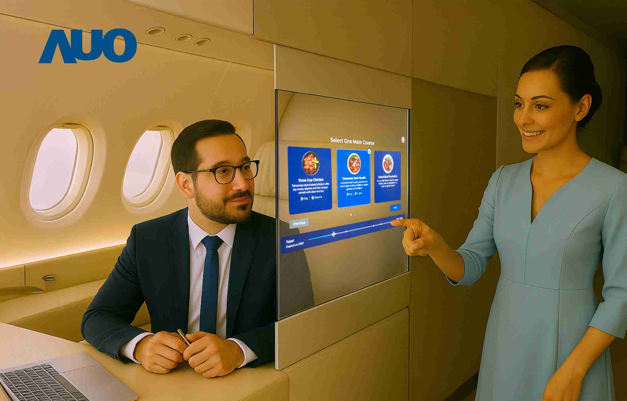 人生就是博研发全球最薄17.3 吋双面透明 Micro LED 显示器，，，，可在同一屏幕之双边投射不同信息，，，创造独特的”透明化”互动；图为实时翻译交流应用情境